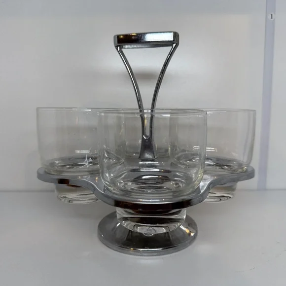 MCM Vintage Barware 1960s Chrome Caddy & Rotating Lazy Susan Set of 4 Glasses - Picture 3 of 9